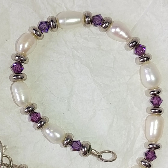 STERLING SILVER FRESHWATER PEARL BRACELET - PURPLE CRYSTALS - Picture 6 of 6